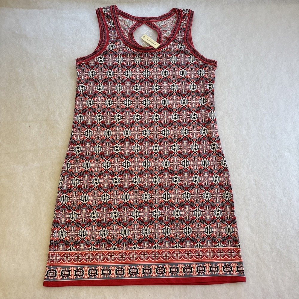 Max Studio Dress Womens Large Navy White Floral Red Trim Sleeveless‎ Summer NWT